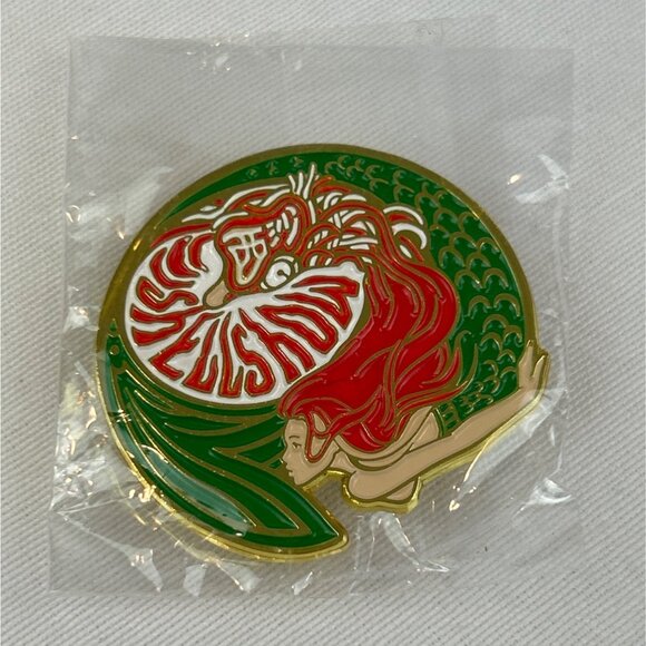 Conchologist City Club Mermaid Enamel Pin Gold Red Green Shell Show Collectible - Picture 5 of 5